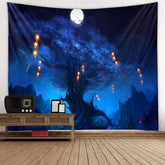 Lofaris Night Moon Blue Light Lantern Tree Mountain Tapestry